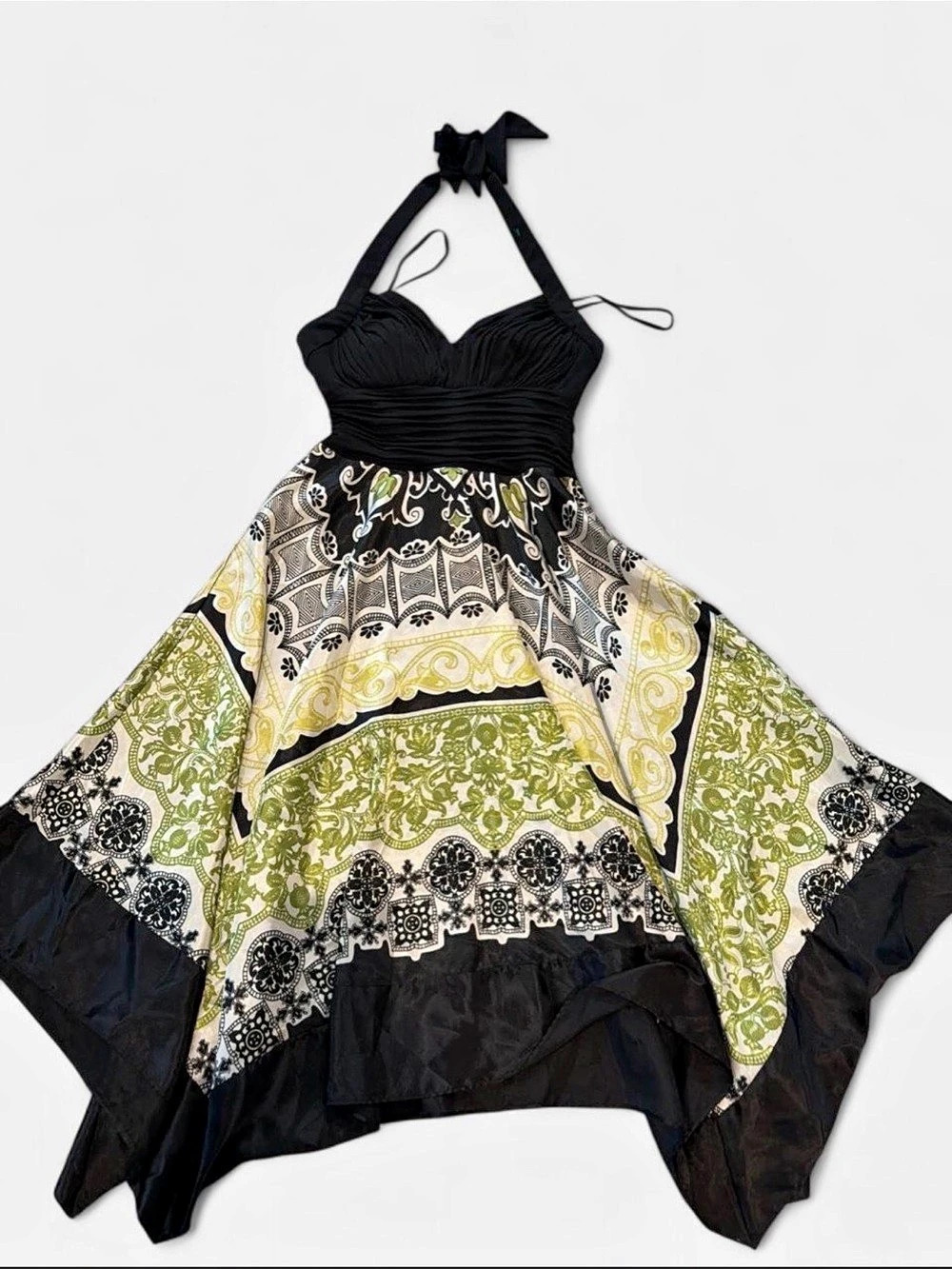 Sangria Paisley Halter Mini Dress in Black & Green